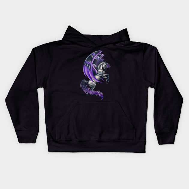 Black and Purple Pegasus Kids Hoodie by Lady Lilac